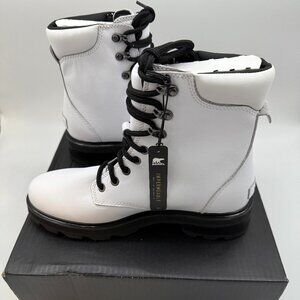 SOREL Lennox Lace STKD Waterproof Boots Women’s 9.5 White/Black Leather New